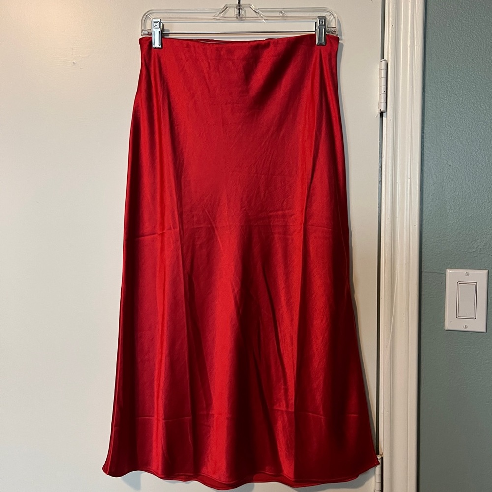 RED SATIN MIDI SKIRT